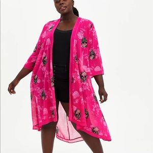 Torrid Size 2 /2X Pink Skull Chiffon Hi-Lo Kimono